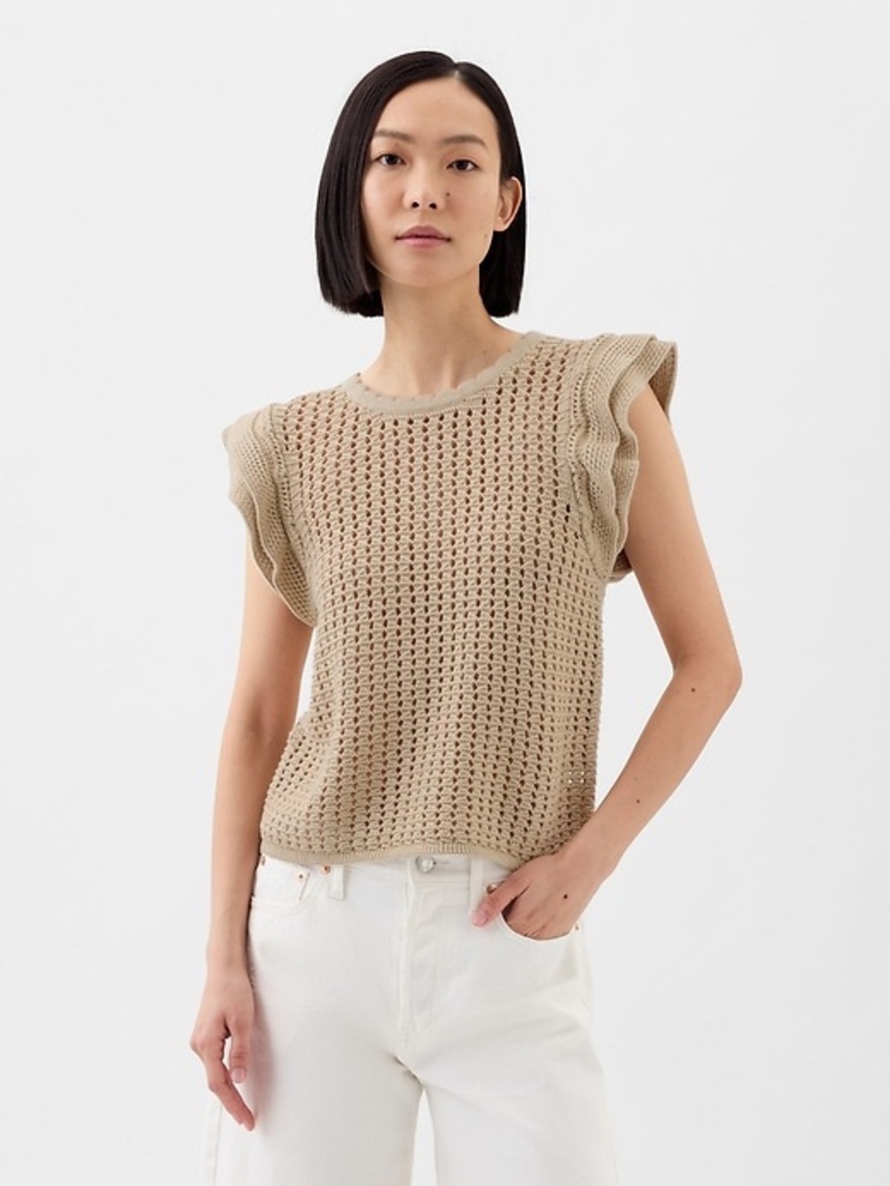 GAP Crochet Flutter Sleeve Top Medium Beige Scallop